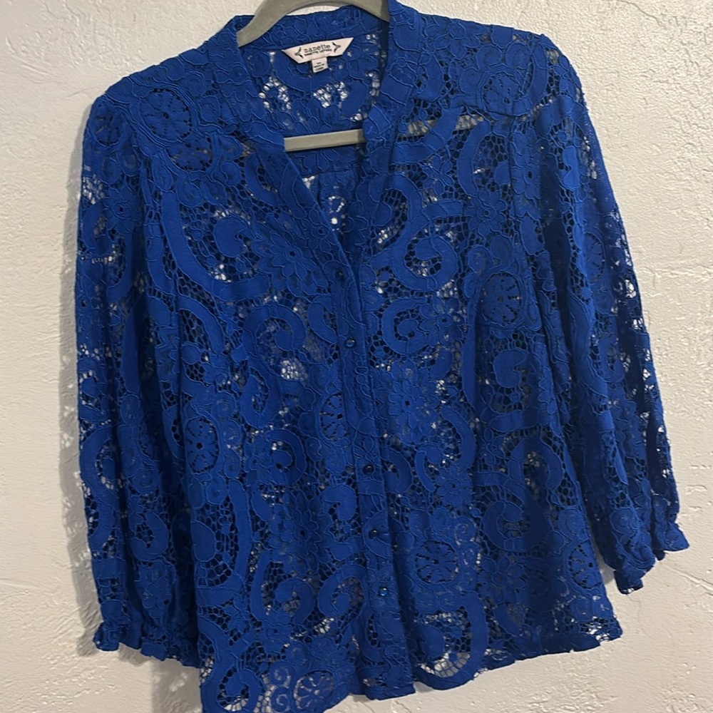 Nanette Nanette Lepore Crochet Blue Crochet Lace Button Down Blouse Top